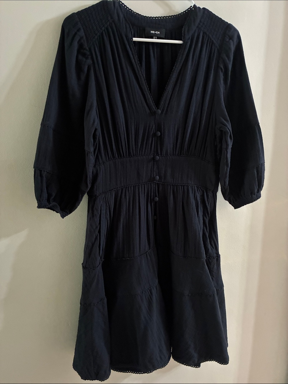 Me + Em Black V-Neck Button-Front Dress - size 6 - 100% cotton - puff sleeve